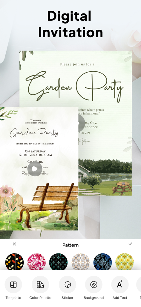 Invitation Maker| Digital RSVP - ガーデンパーティーテンプレートと編集オプションを備えたデジタル招待状メーカーのインターフェース。