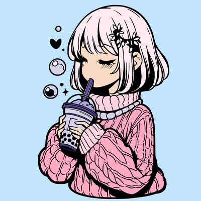manga girl drinking boba in cozy sweater