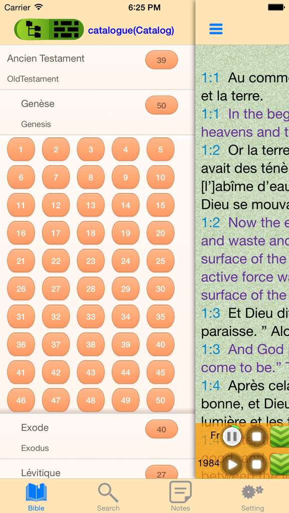 Menu di selezione dei capitoli nell'app della Bibbia parallela francese e inglese Traduzione del Nuovo Mondo.