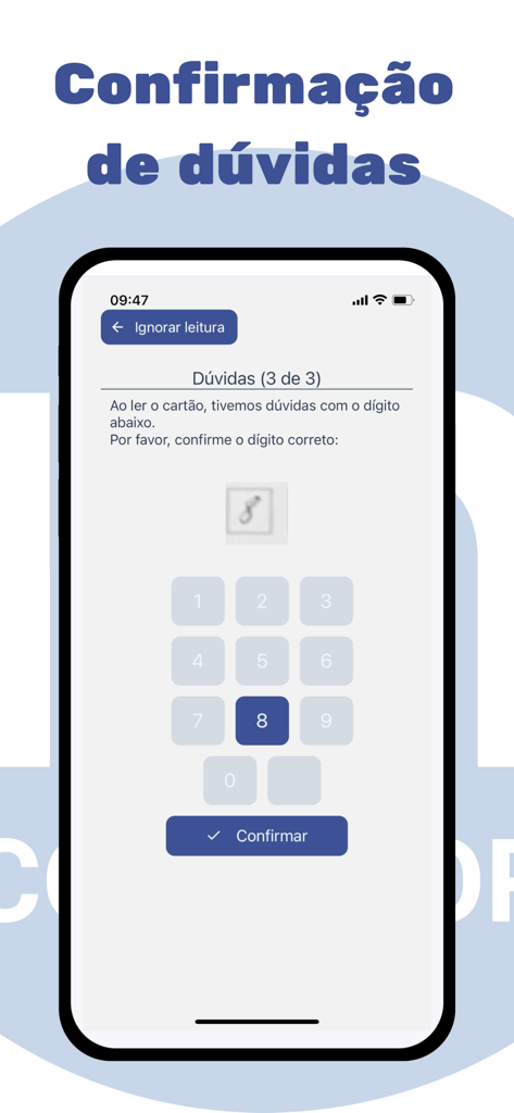 Multiprova Corretor - Smartphone screen displaying the Multiprova Corretor interface for manual confirmation of a handwritten digit during automated test grading.