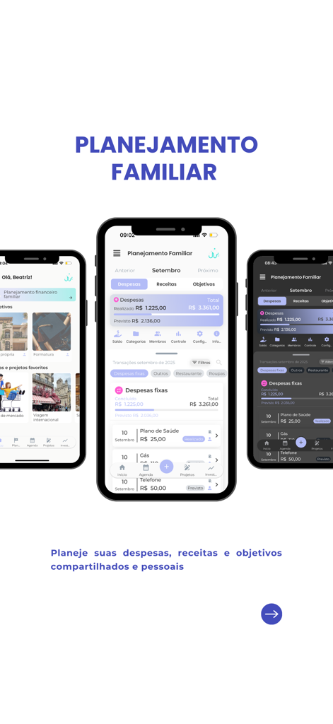 We Finance - Tre schermate di iPhone che mostrano l'interfaccia dell'app We Finance per il budget familiare condiviso e il monitoraggio delle spese