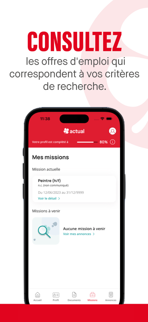 Schermata dello smartphone che visualizza la sezione delle missioni dell'app my actual con un'offerta di lavoro come pittore