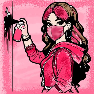 realistic girl with mask spray painting a wall