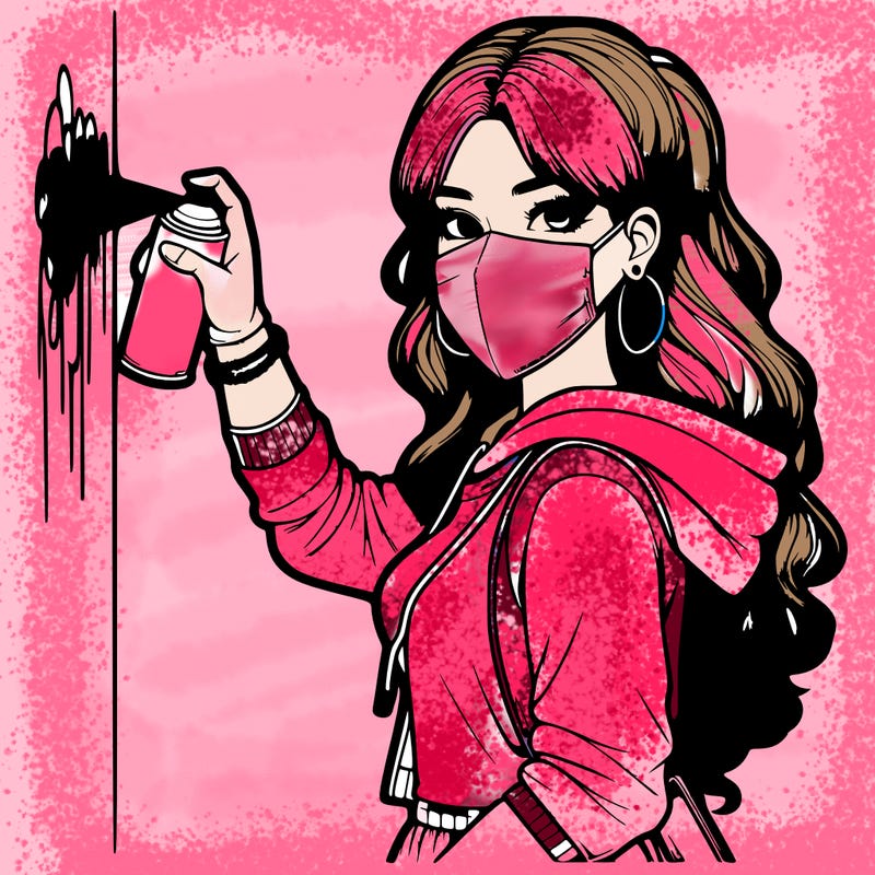 realistic girl with mask spray painting a wall