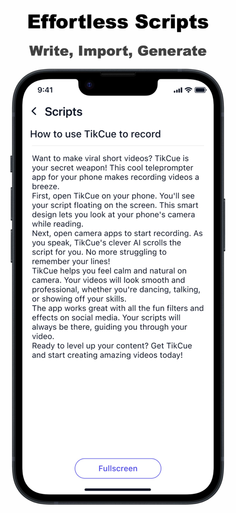 Teleprompter TikCue - TikCue Teleprompter app interface showing a script for video recording on an iPhone.