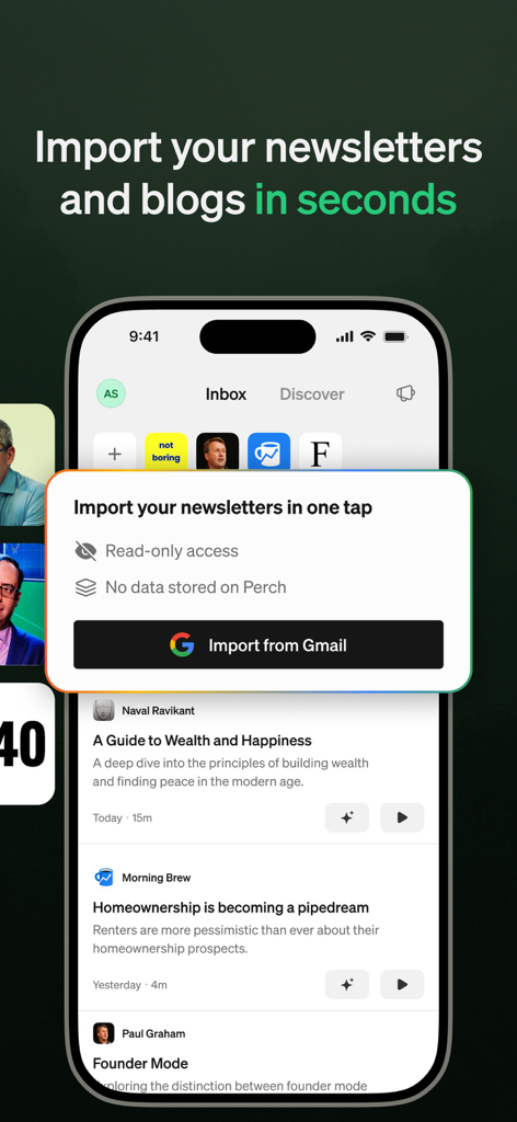 Perch Reader - Mobile app interface showing a one tap Gmail import feature for newsletters and blogs in Perch Reader
