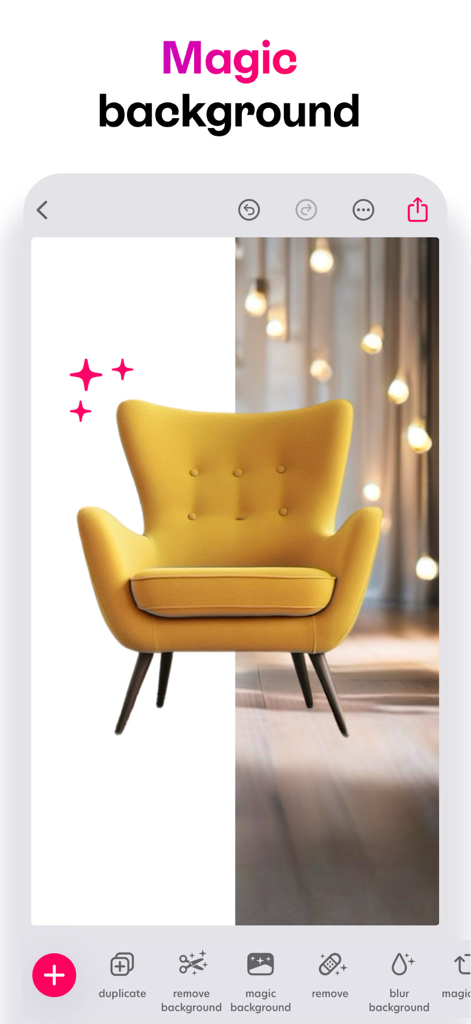 Bazaart AI app interface showing a yellow chair with its background being replaced by a professional magic background tool