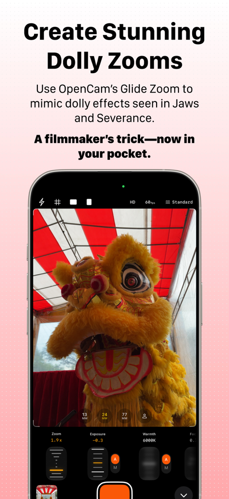 OpenCam app interface showing Glide Zoom controls for cinematic video effects on iPhone