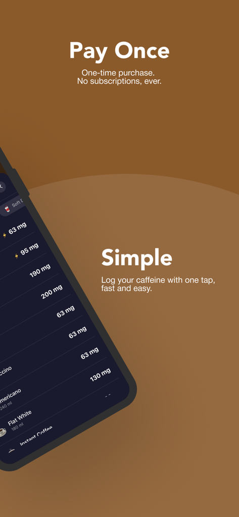 CaffeineTrack – Sleep Better - CaffeineTrack app interface displaying a one-time purchase message and a list of caffeinated drinks for simple logging.
