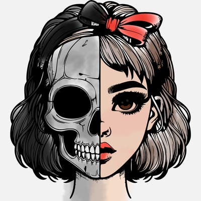 realistic girl with half skull mask