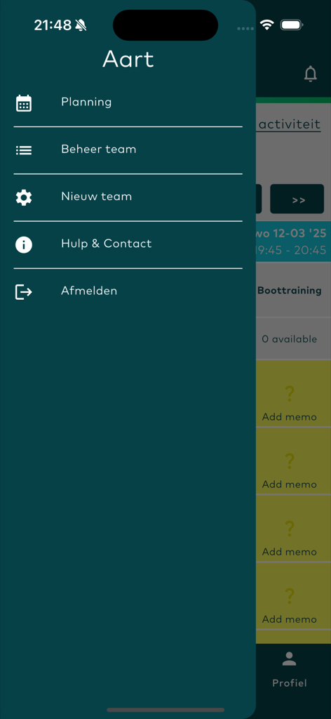 mySportsplanner - Menu de navegação lateral do aplicativo mySportsplanner para gerenciamento de equipes esportivas