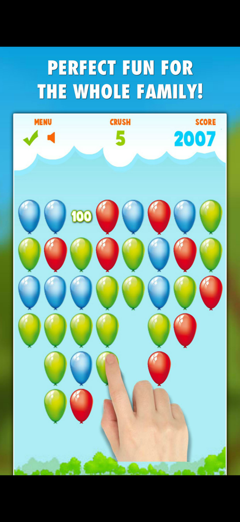 Balloons Pop Mania - Una mano explotando globos coloridos en la interfaz del juego de puzzle móvil Balloons Pop Mania.
