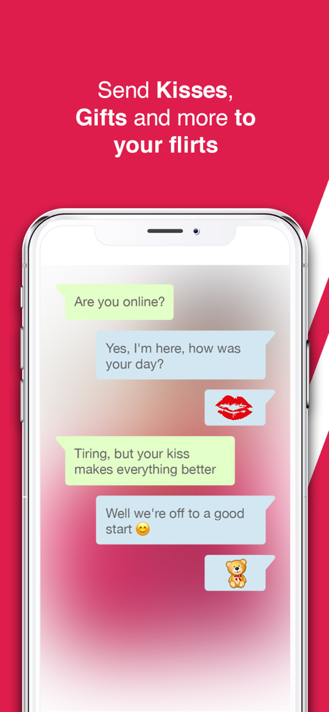 In-app chat screen of MyDates showing romantic messages and digital gifts such as a kiss and a teddy bear