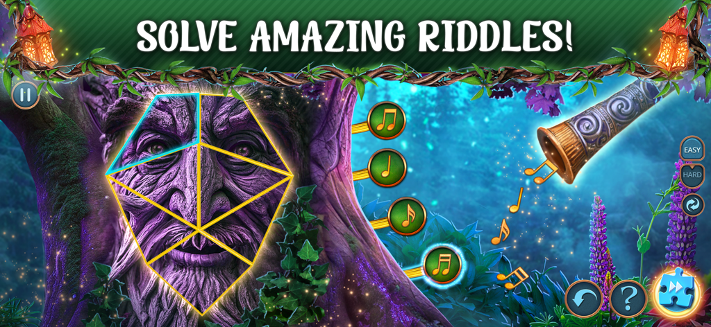 Hidden Objects: Mystic Woods - Un rostro místico de espíritu del árbol con un puzle de líneas geométricas en Objetos Ocultos Bosque Místico