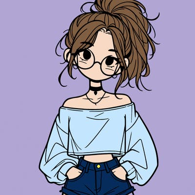 girl with a messy ponytail glasses a baggy crop top and jean shorts