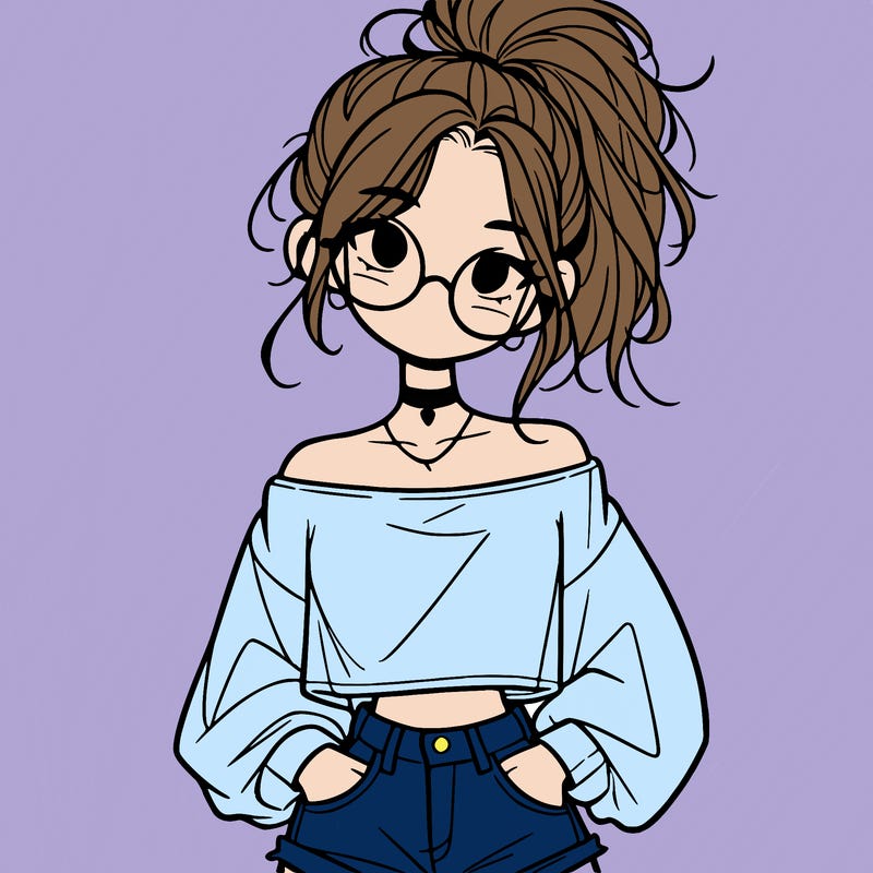 girl with a messy ponytail glasses a baggy crop top and jean shorts