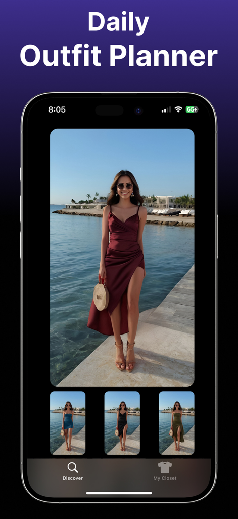 Interface of the AI Clothes Changer app displaying a daily outfit planner feature with a woman virtually trying on different colored dresses.