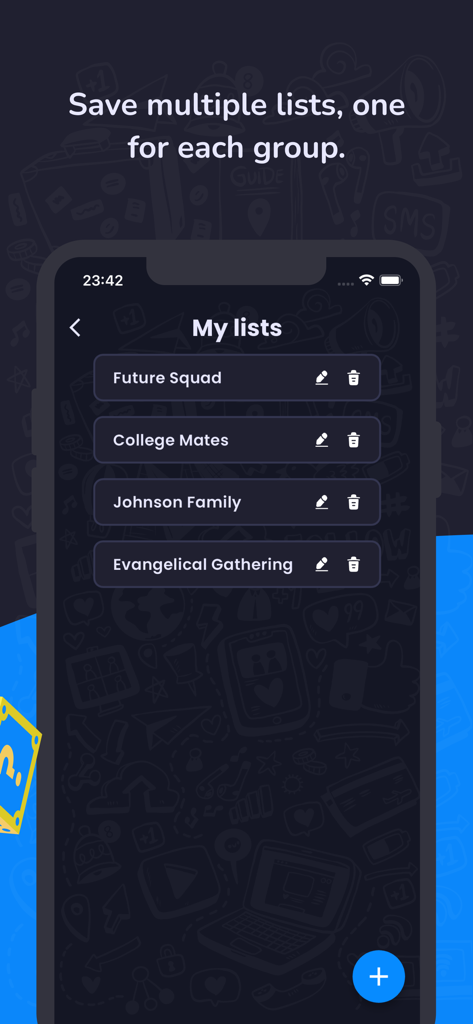Random generator number - Interfaccia dell'app Magic Draw che mostra vari elenchi salvati per l'organizzazione di gruppi e sorteggi casuali
