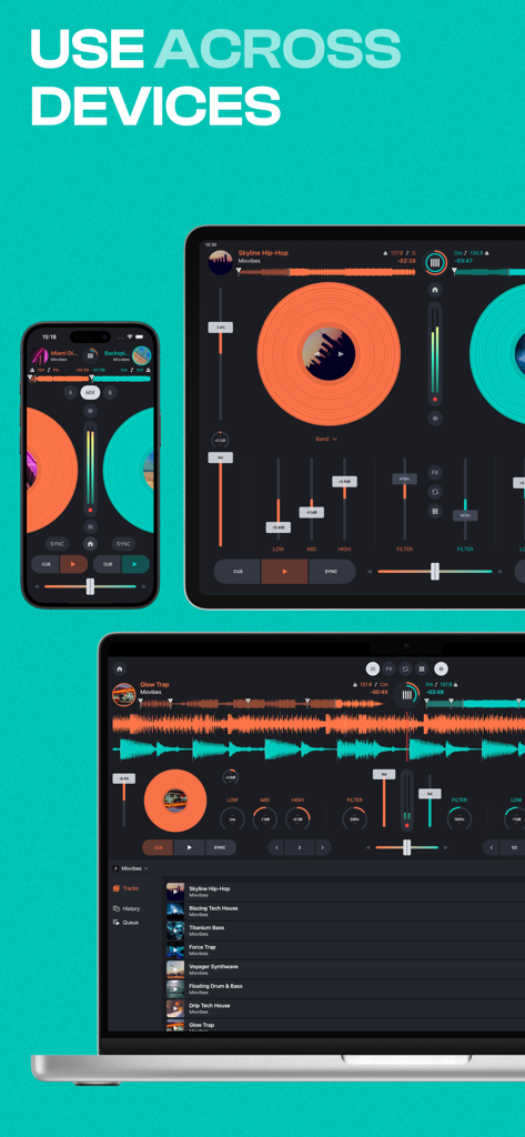 Cross DJ - Music Mixer App - Cross DJ music mixer interface displayed on iPhone, iPad, and MacBook