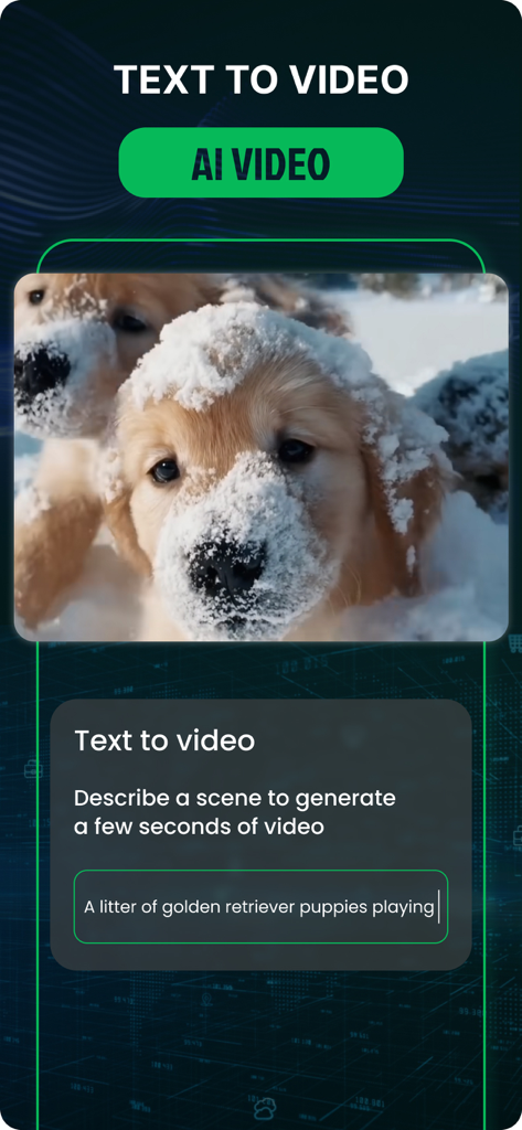 FaceAi - Reface & Dream Face - Mobile app screenshot of the FaceAi text to video feature showing a prompt for golden retriever puppies.