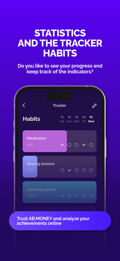 AB.MONEY: meditation & breath - Habit tracker screen in the AB.MONEY app showing progress for meditation and daily routines