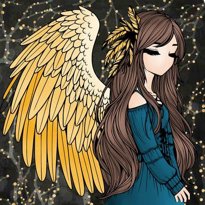 realistic girl with bird wings and some feathers in her hair