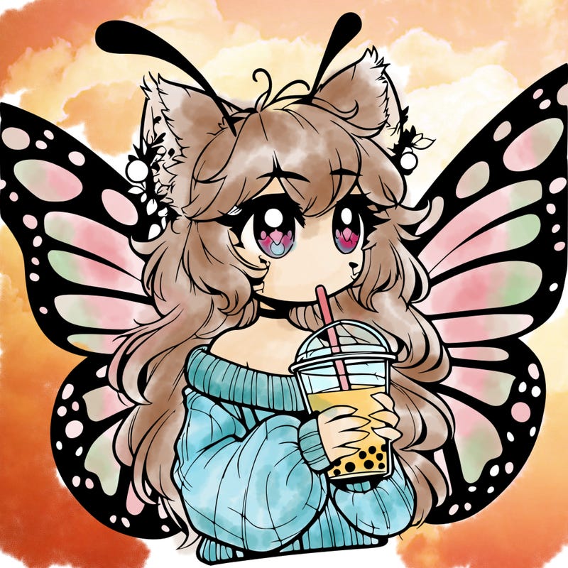 a realistic butterfly/furry girl drinking boba