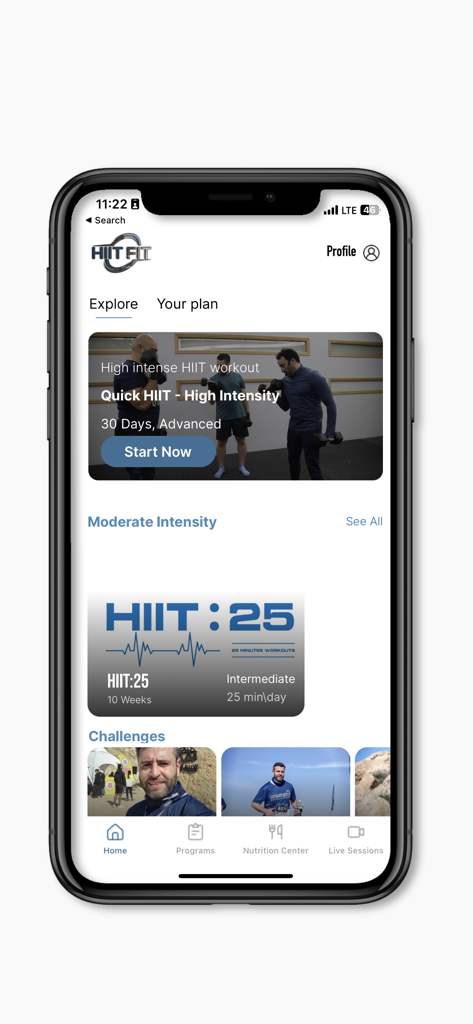 HIIT FIT: Transformation - Pantalla de exploración de la aplicación móvil HIIT FIT Transformation que muestra programas de entrenamiento de alta intensidad y desafíos