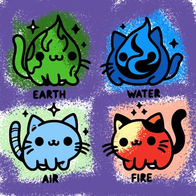 4 cats that represent the different elements, earth, water, air, and fire