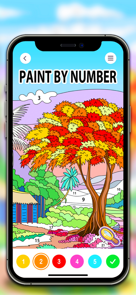 A digital paint by number interface on a mobile phone showing an autumn tree landscape with numbered coloring sections and color palettes at the bottom