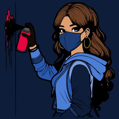 realistic girl with mask spray painting a wall