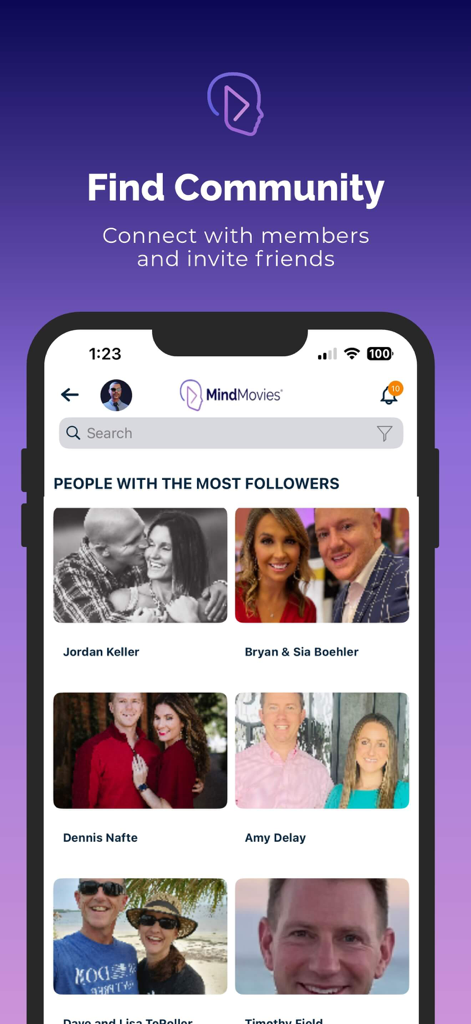 Mind Movies app interface showing the community section with a list of popular members to follow.