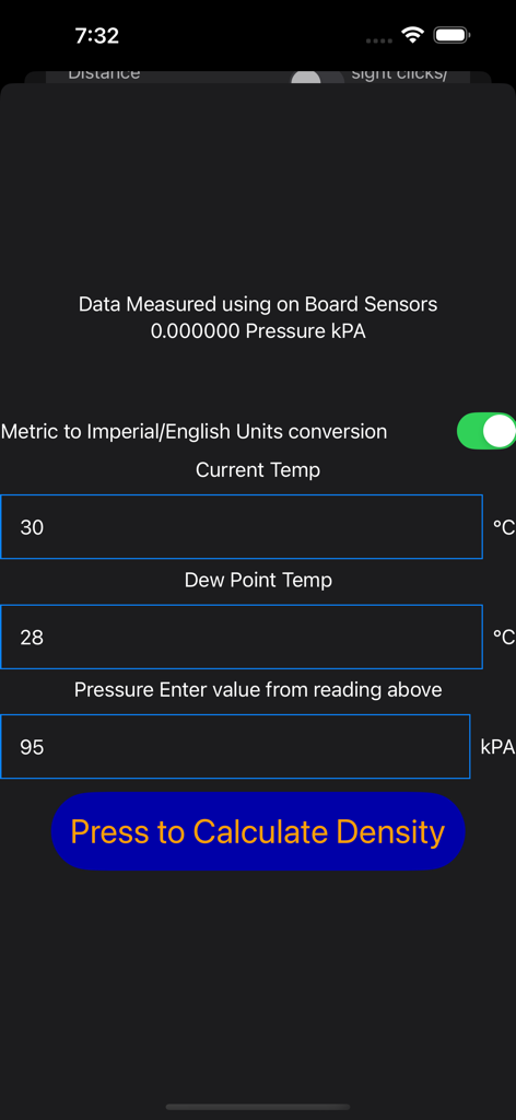 PRO Archery Ballistics - PRO Archery Ballisticsアプリの空気密度計算機のインターフェース。温度と気圧の入力フィールドが表示されています。
