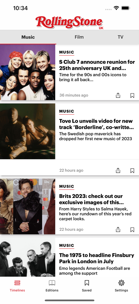 Rolling Stone UK - Interfaccia dell'app mobile Rolling Stone UK che mostra un feed di notizie di articoli musicali e interviste ad artisti