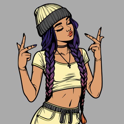 realistic teenage girl with braids and a beanie and crop top doing 🫶🏼