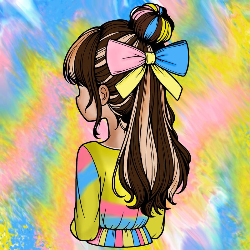 realistic girl  with hip length hair a bun and a big bow on the back of head