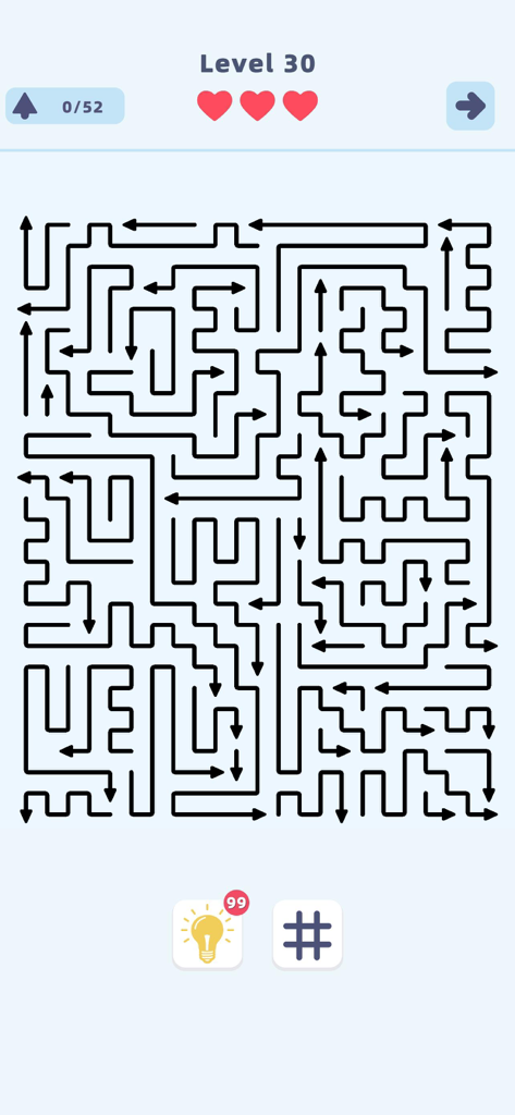 Arrow Escape - Tap Puzzle - A minimalist black arrow logic puzzle grid on a light blue background from Arrow Escape mobile game