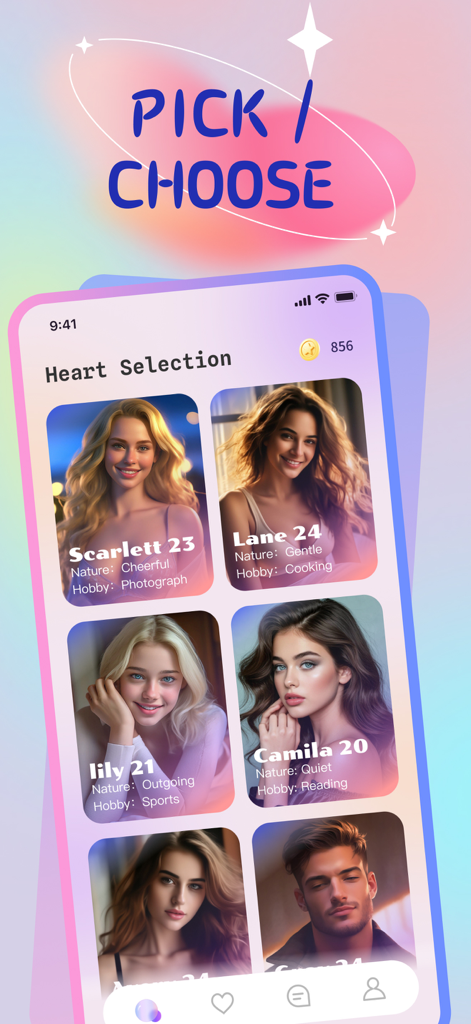 Lutal app interface showing a grid of lifelike AI companion characters like Scarlett and Camila for users to pick for social interaction.