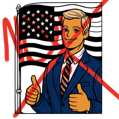 an american flag with donald trump standing infront of it with 2 thumbs up