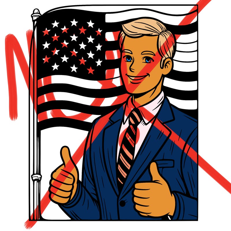 an american flag with donald trump standing infront of it with 2 thumbs up