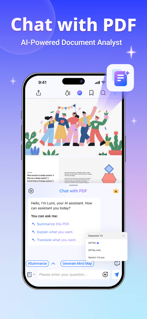 Visão móvel do assistente de IA do PDFelement conversando com um documento