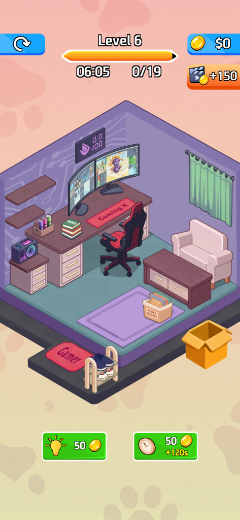 Cozy Room: Dreamy Home Decor - Cozy Roomアプリのアイソメトリックなゲーミングルームの装飾。ゲーミングデスクと赤い椅子が特徴。