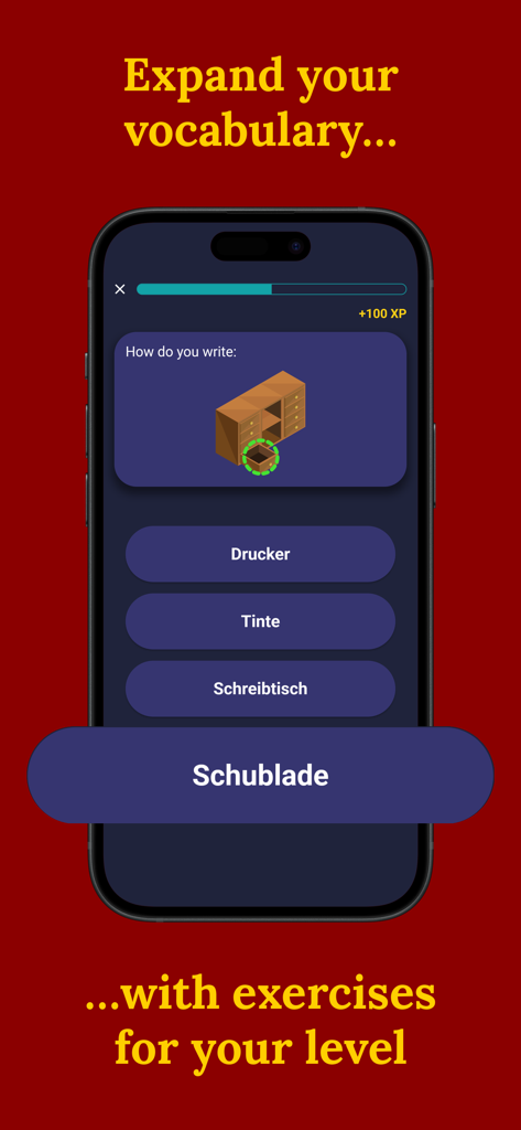 Learn German (Beginners) - Captura de pantalla de la aplicación Aprende Alemán mostrando un ejercicio de vocabulario con opciones de respuesta múltiple
