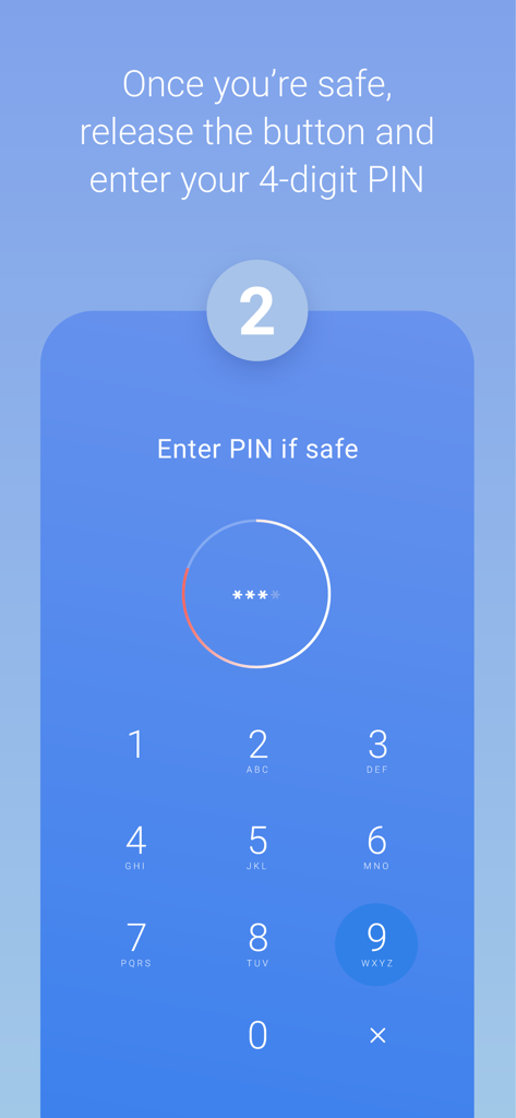 Noonlight: Feel Protected 24/7 - Pantalla de la aplicación Noonlight que muestra un teclado numérico de 4 dígitos para ingresar el PIN y confirmar la seguridad del usuario.