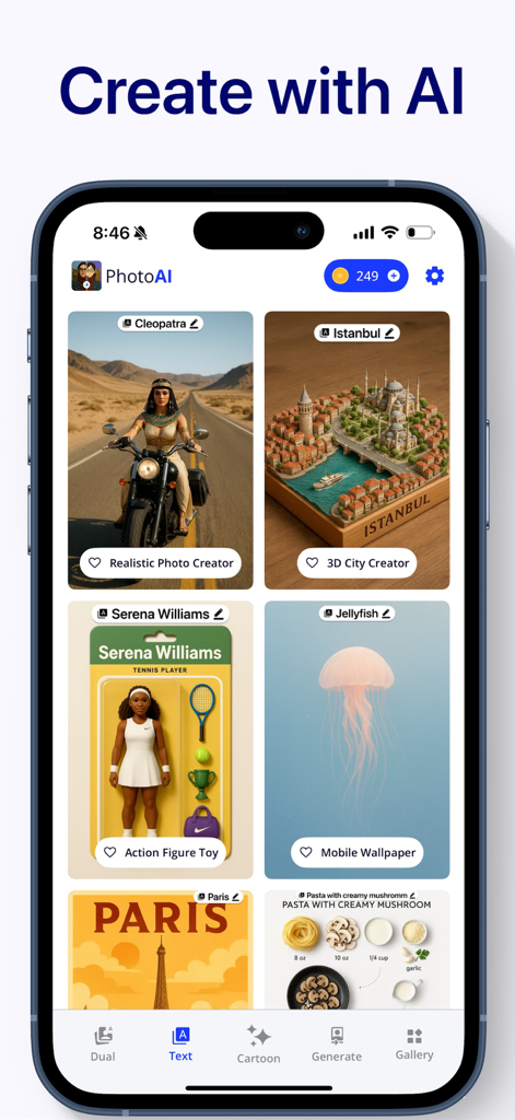 Oberfläche der Cartoon Photo Editor App, die verschiedene KI-Generierungskategorien wie realistische Fotos, 3D-Stadt-Ersteller und Actionfigur-Spielzeug anzeigt.