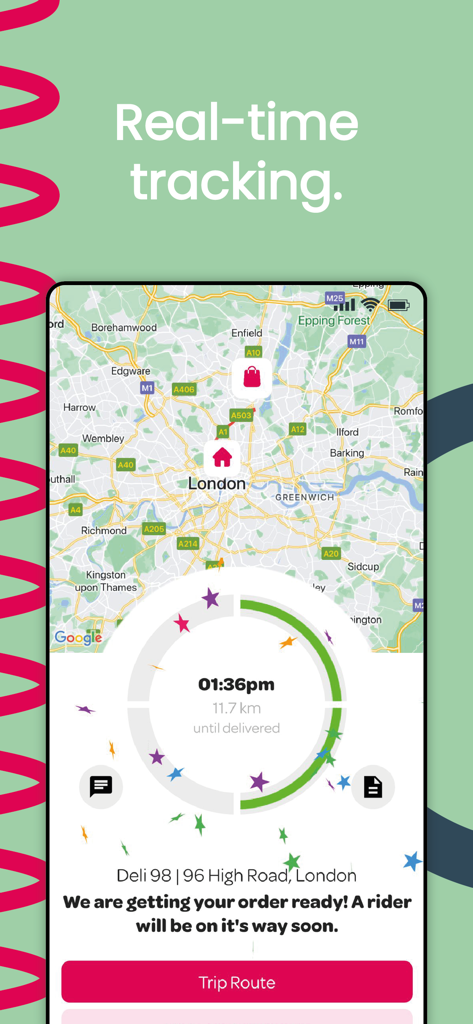 Real time tracking screen of the Ding app showing an order status map and delivery progress