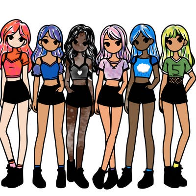 a group of girls wearing crop tops and shorts