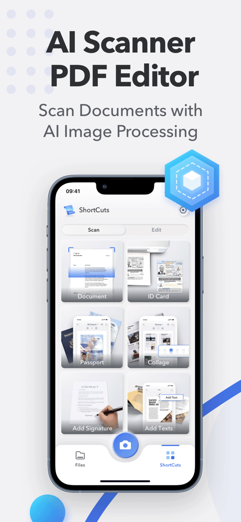 Smartphone-Bildschirm mit einer KI-Scanner-App mit Funktionen für Personalausweise und Signaturen