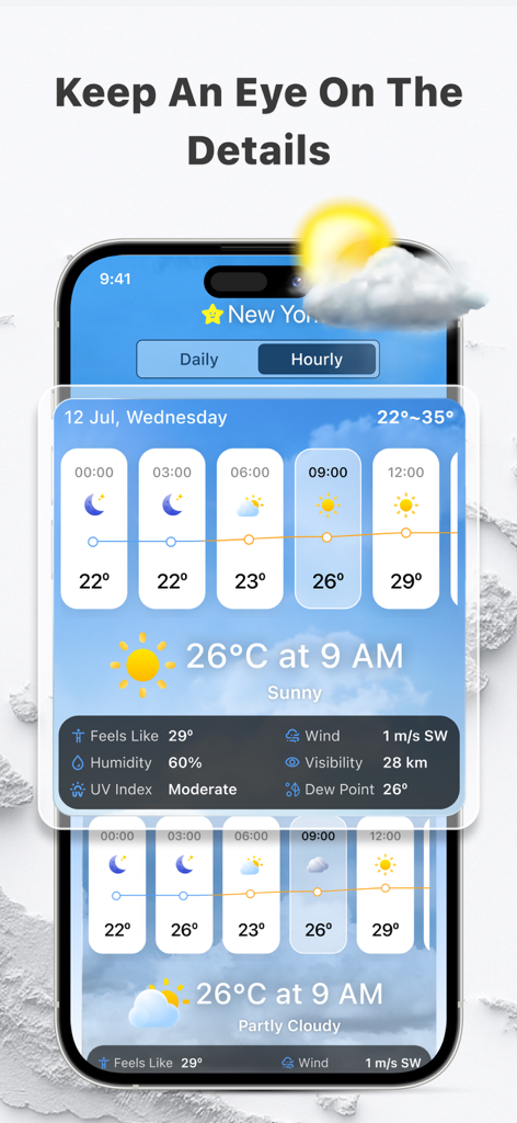 Live Weather - Widget, Radar - Una pantalla móvil que muestra un pronóstico meteorológico detallado por hora para Nueva York, incluyendo humedad e índice UV