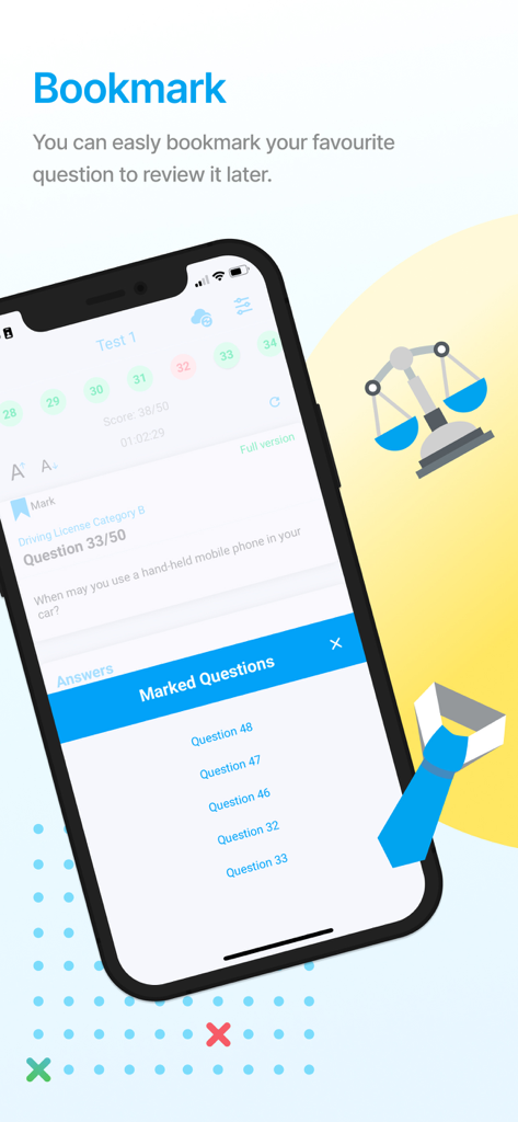 Captura de pantalla de la aplicación Easy Quizzz mostrando la función de marcar para guardar y revisar preguntas específicas del examen.